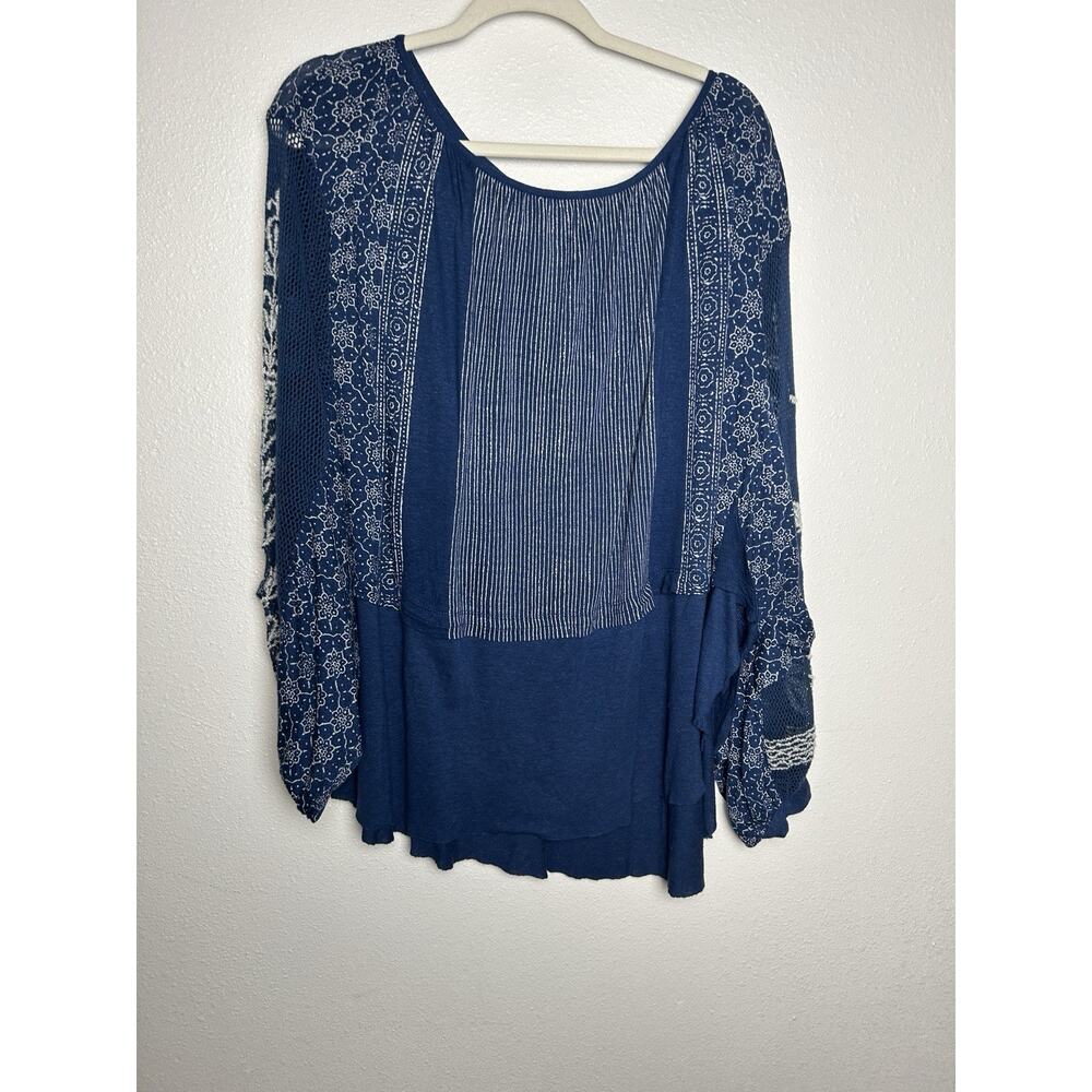 Free People Indigo Dreams Printed Embroidered Blue Boho Mesh Top NWT Sz XS